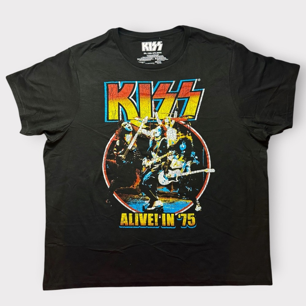 KISS Alive in 75 Graphic T-Shirt Mens 2XL Black Rock Band Concert Tee Mad Engine